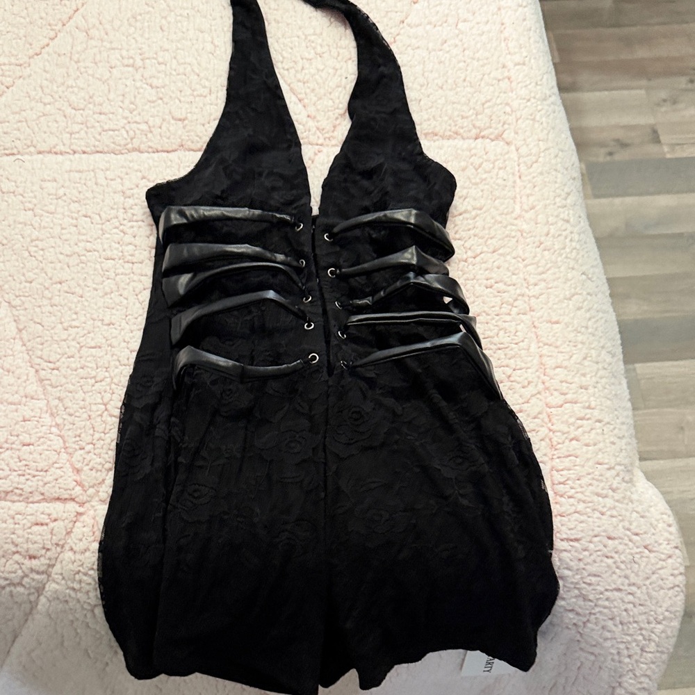 Black Lace Halter Romper with Lace-Up Detail